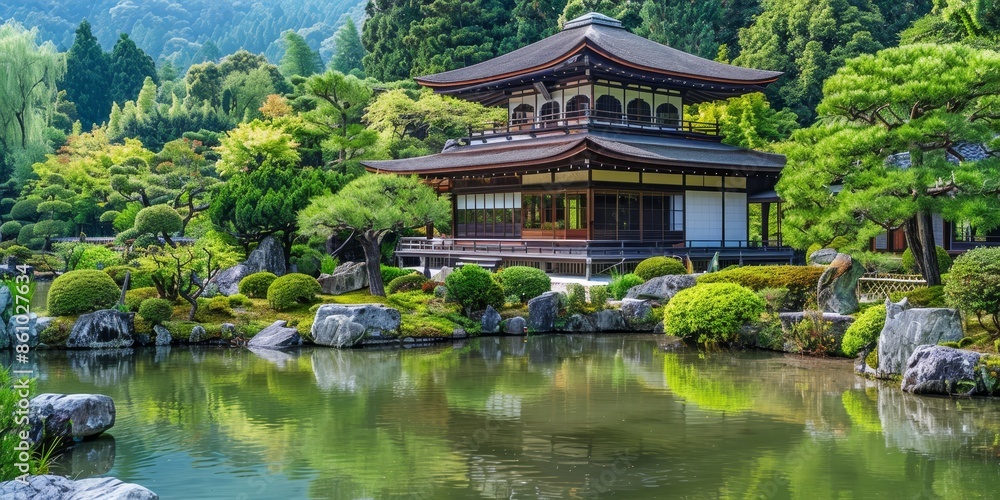 The image is a beautiful landscape of a traditional Japanese garden with a golden pavilion and a pond. The image is a beautiful landscape of a traditional Japanese garden with a golden pavilion and a pond.