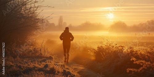 The cross-country runner is alone with nature at sunrise.