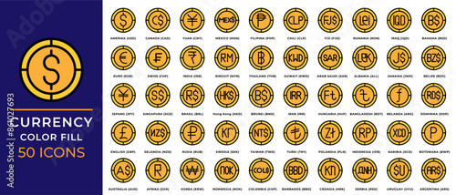 World currency icons collection. With a modern color fill design style. Editable pixel perfect, Suitable for websites, UI and mobile apps.