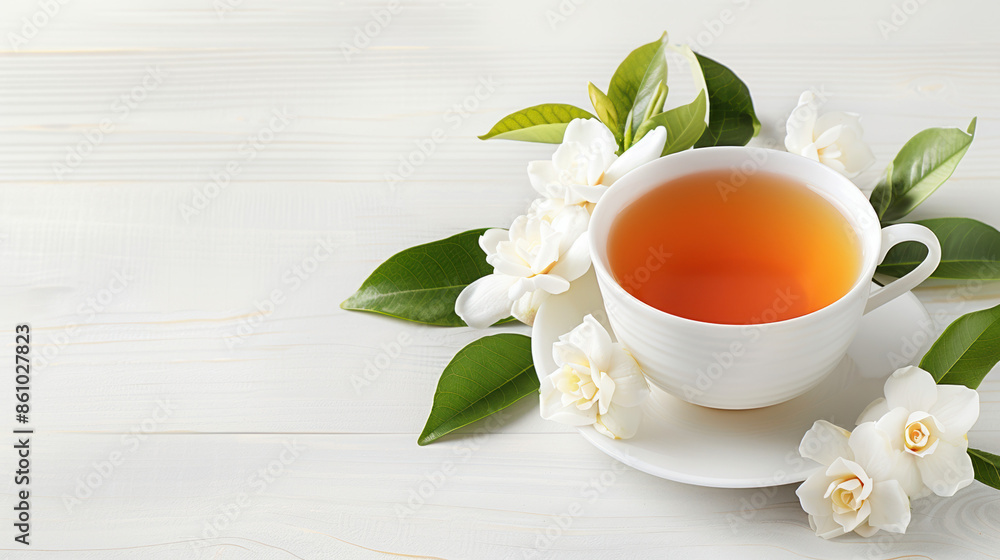 Cup of Tea with White Gardenia Flowers on a White Wooden Table Cup of Tea with White Gardenia Flowers on a White Wooden Table