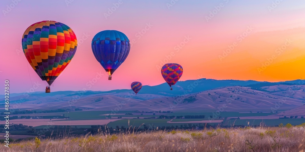 Obraz premium Hot air balloons flying over the mountains at sunrise.