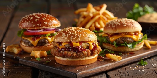 Three delicious burgers with fries on a wooden table.