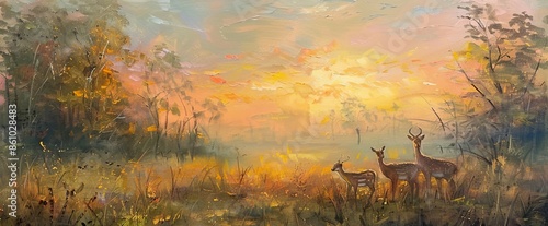 The sun sets over a field of grass, casting a warm glow on the deer that graze there. © silence