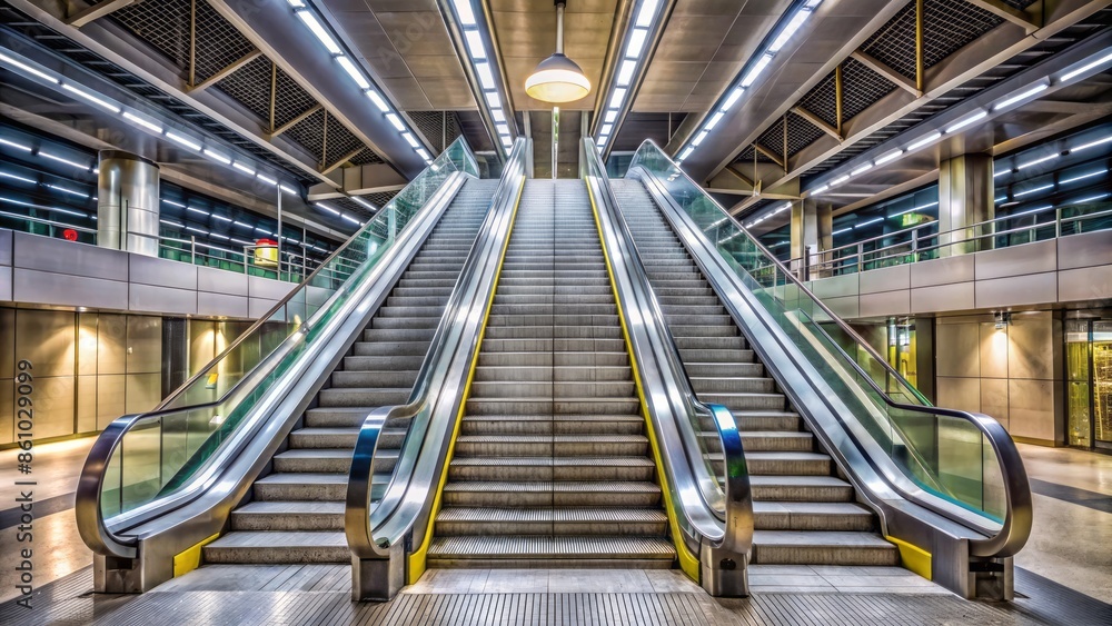 Moving staircase with metal handrails and ascending steps leading to ...