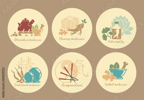 Symbols of Traditional Chinese medicine. It includes acupuncture, vacuum cupping, naturopathy and other