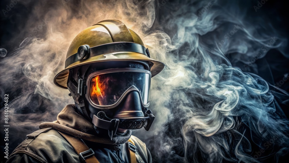 Obraz premium Dramatic dark background with swirls of smoke, illuminated by faint light, featuring a solitary firefighter's helmet and smoke mask.