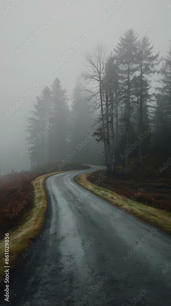 A misty road curving into a foggy, forested landscape, enveloped by tall trees that fade into the dense fog, creating an ethereal and mysterious atmosphere. A misty road curving into a foggy, forested landscape, enveloped by tall trees that fade into the dense fog, creating an ethereal and mysterious atmosphere.