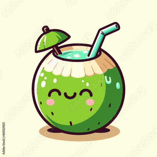 Coconut drink with straw, umbrella, suitable for summerthemed graphics such as posters, websites, social media, and marketing materials.