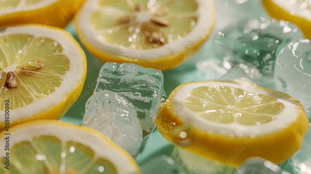 Vibrant yellow lemon slices float in crystal-clear water with ice cubes. Close-up view highlights the citrus fruit's juicy texture and zesty peel . Vibrant yellow lemon slices float in crystal-clear water with ice cubes. Close-up view highlights the citrus fruit's juicy texture and zesty peel .