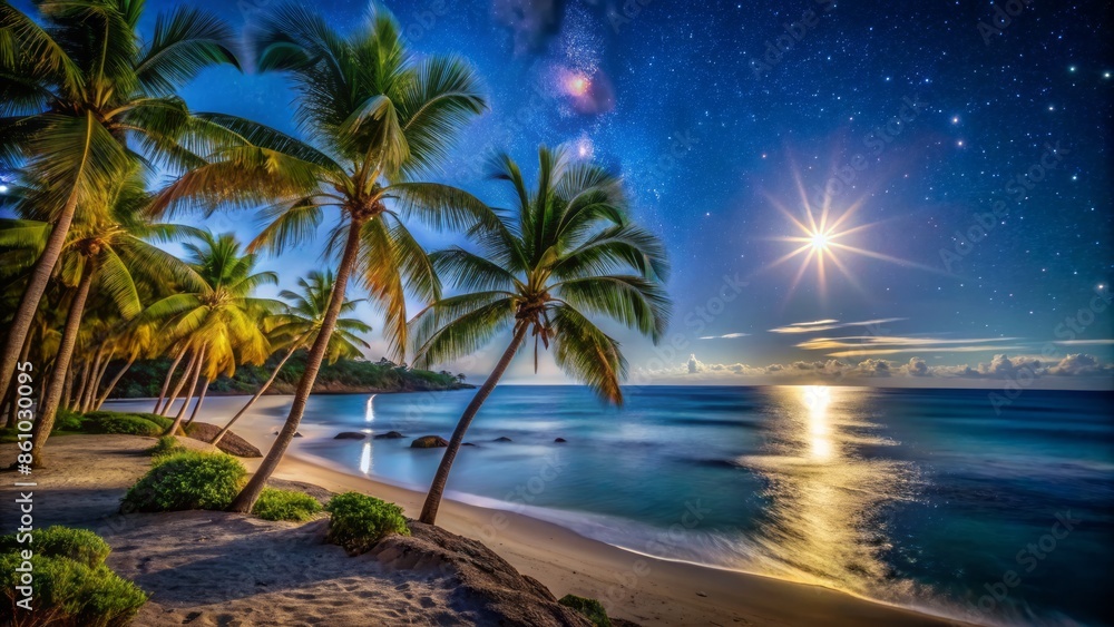 Serenene nighttime scene of Palm Beach with stars and moon casting a twinkling glow on the calm, glittering ocean waters. Serenene nighttime scene of Palm Beach with stars and moon casting a twinkling glow on the calm, glittering ocean waters.