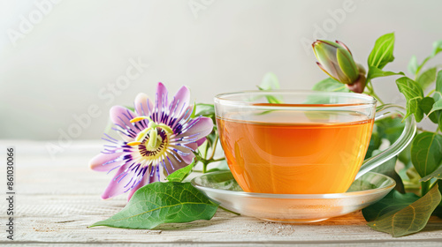 Passionflower Tea and Flower on White Wooden Table