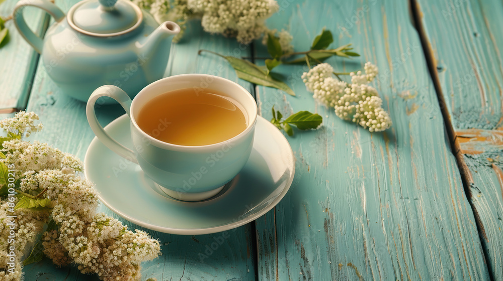 A Cup of Tea on a Rustic Blue Table