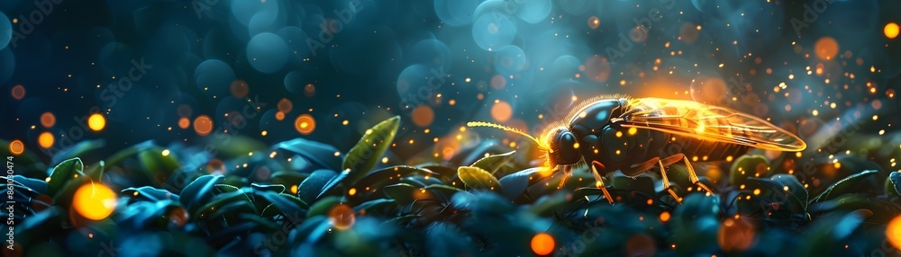 Glowing Firefly in Enchanting Nighttime Forest Landscape Glowing Firefly in Enchanting Nighttime Forest Landscape