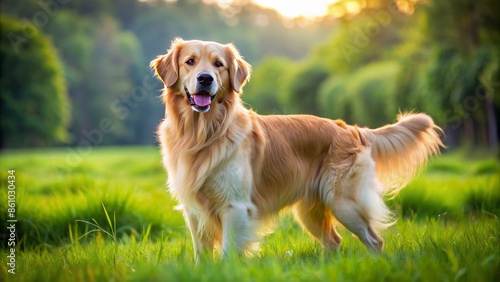 Adorable fluffy golden retriever dog with floppy ears and wagging tail stands alone on a lush green grassy meadow background.