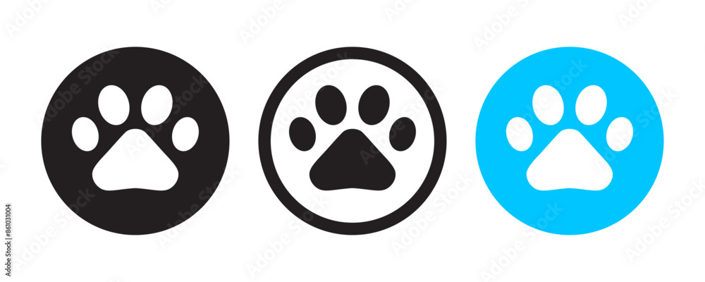 Dog and cat footprint or pow icon set in simple and stroke style in circle with black and blue color. Dog or cat paw vector icon. Black and white sketch of animal footprint. Dog and cat footprint or pow icon set in simple and stroke style in circle with black and blue color. Dog or cat paw vector icon. Black and white sketch of animal footprint.