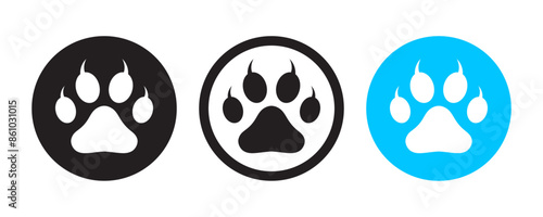 Dog and cat footprint or pow icon set with nails in simple and stroke style in circle with black and blue color. Dog or cat paw vector icon. Black and white sketch of animal footprint.