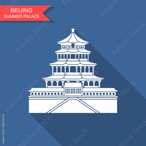 Summer Palace in Beijing China. Flat cartoon style historic sight showplace attraction web site vector illustration