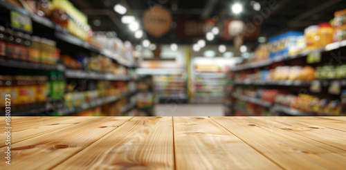 Empty wooden table on blurred grocery store background