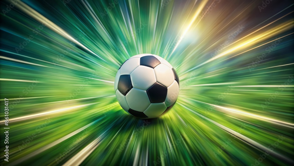 Fototapeta premium Speed-blurred, isolated, green-grass background, dominant soccer ball, dramatic lighting, intense motion effect.