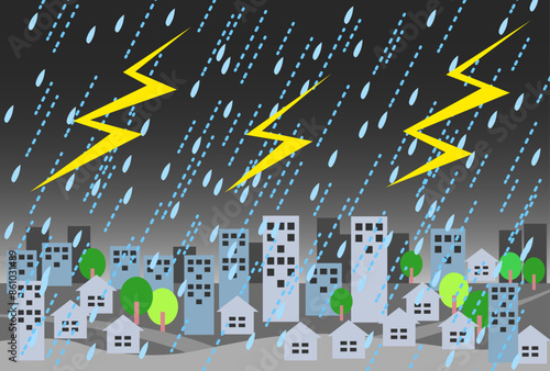 雷雨の街並みイラスト