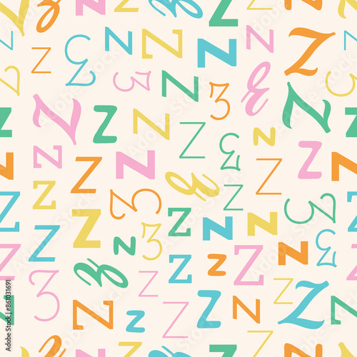 Letter Z Alphabet seamless pattern playful decorative repeat backdrop background colorful decoration wrapping paper initial baby
