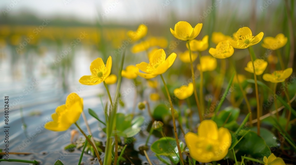 Obraz premium Yellow Flowers Blooming in a Pond