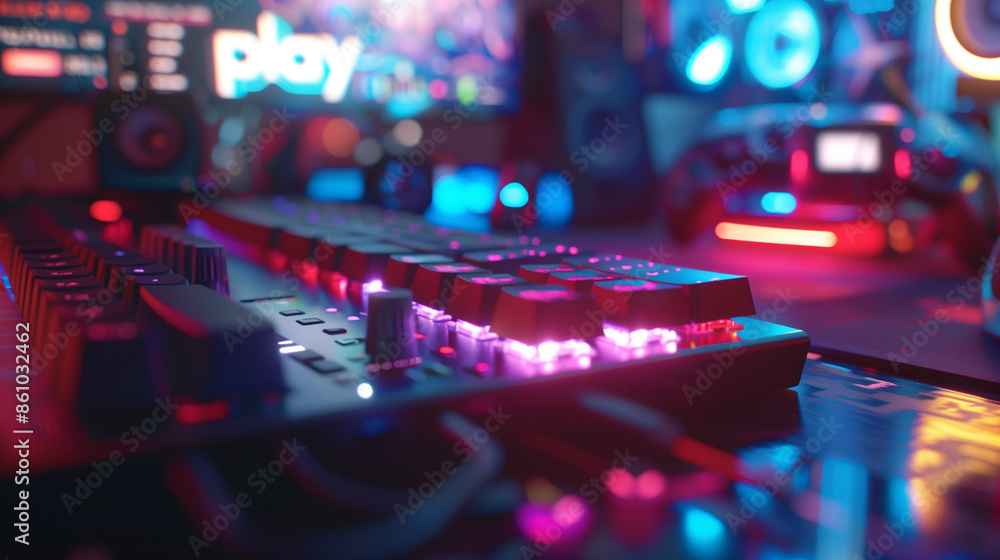 Vibrant Neon Gaming Setup with RGB Keyboard and Gaming Accessories Vibrant Neon Gaming Setup with RGB Keyboard and Gaming Accessories