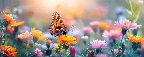 Obraz Vibrant Butterfly Garden with Colorful Fluttering Insects Amidst Blooming Flowers