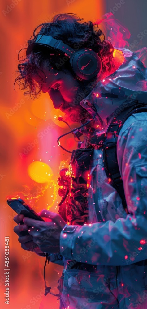 Closeup of person glancing at phone, glowing notification symbol, constant connectivity, isolated on white background, scifi tone, analogous color scheme Closeup of person glancing at phone, glowing notification symbol, constant connectivity, isolated on white background, scifi tone, analogous color scheme