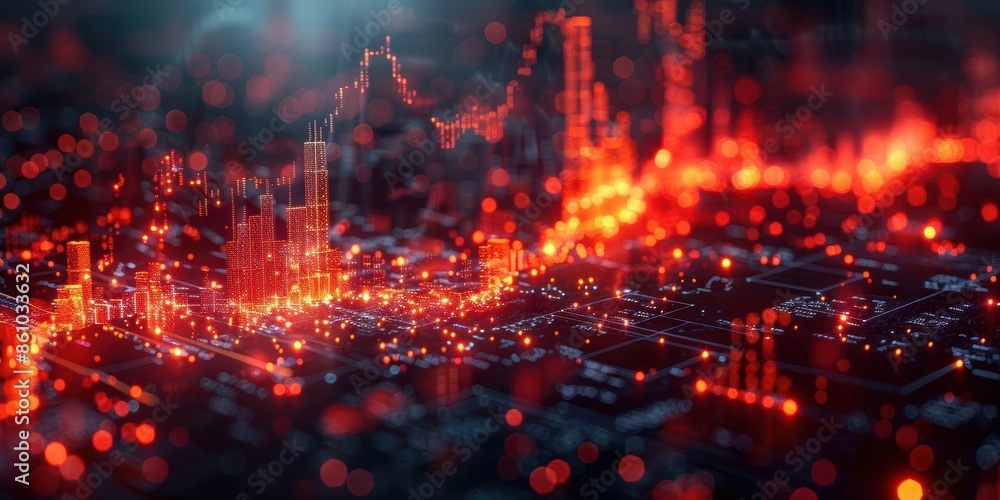 Fototapeta premium Abstract digital financial data visualization with red glowing graphs and futuristic technology. Ideal for finance, tech, and data analytics usage.