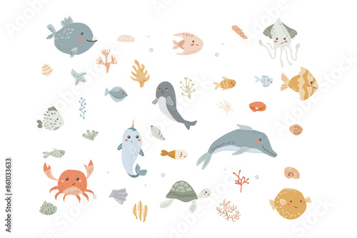 Cute childrens sea animals set. Marine underwater elements collection. Ocean inhabitants set of dolphin, crab and other cute characters. Wild aquatic creatures in childish naive hand drawn style.