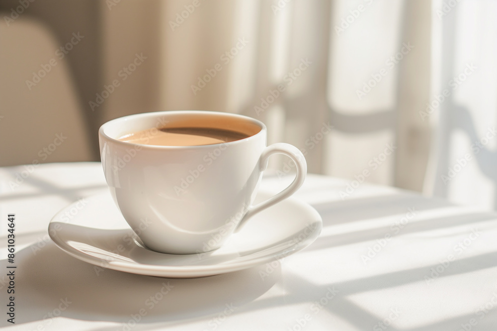 White coffee cup standing on table by window in morning White coffee cup standing on table by window in morning