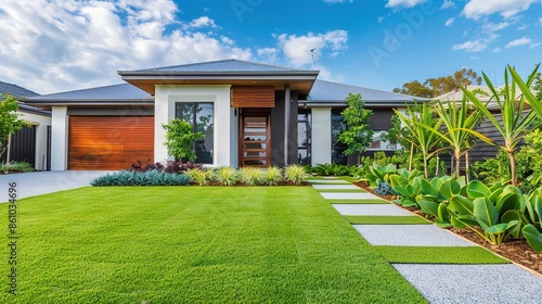 Contemporary Australian Home House Investment - Australia Comfortable Residential Building Landscapes with Grass Lawn Turf and Timber Edging Constructioin Door Estate Exterior Garage Housing Living
