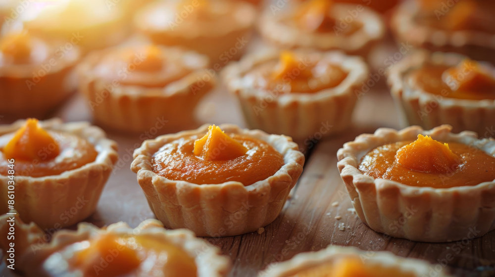 Mini pumpkin pies close up, focus on, copy space cute and festive, Double exposure silhouette with bitesized pieces Mini pumpkin pies close up, focus on, copy space cute and festive, Double exposure silhouette with bitesized pieces