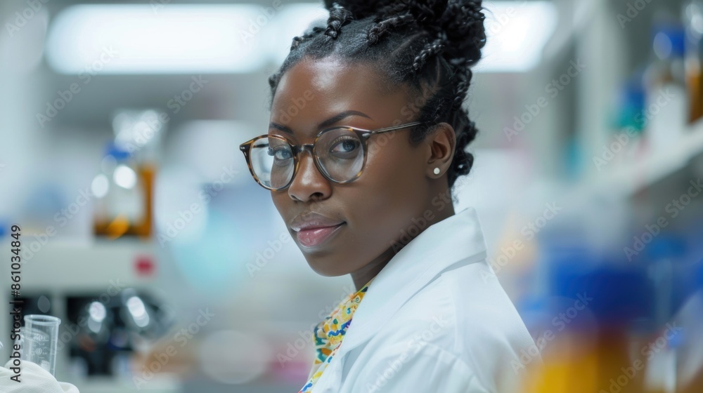 A confident female scientist wearing glasses and a white lab coat, focused in a laboratory environment, exuding professionalism. A confident female scientist wearing glasses and a white lab coat, focused in a laboratory environment, exuding professionalism.