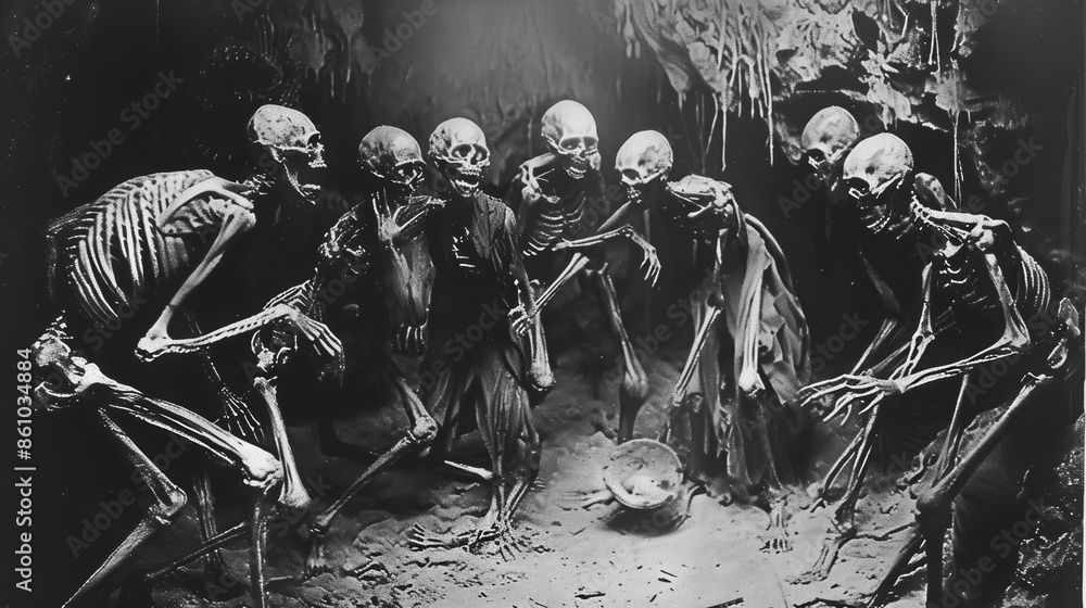 Group of skeletons gathered in a dark cave, creating an eerie and spooky atmosphere suitable for Halloween themes. Group of skeletons gathered in a dark cave, creating an eerie and spooky atmosphere suitable for Halloween themes.