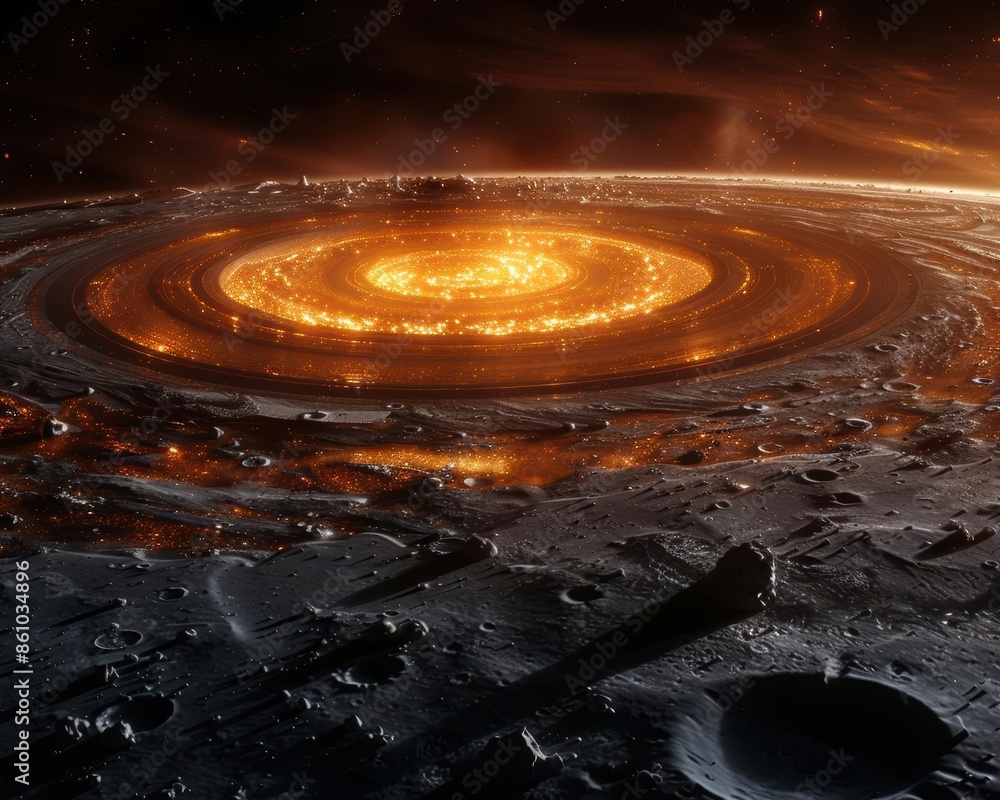 A stunning depiction of a futuristic, alien solar system where molten lava flows on a planetary surface with a mesmerizing central glowing area. A stunning depiction of a futuristic, alien solar system where molten lava flows on a planetary surface with a mesmerizing central glowing area.