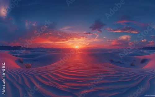 Breathtaking sunset over rippled sand dunes, casting vibrant colors across the sky and landscape in a serene desert scene.