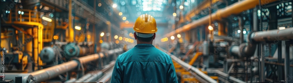 Engineer wearing a hard hat inspecting a large industrial factory with machinery and pipes. Safety and technology in modern manufacturing. Engineer wearing a hard hat inspecting a large industrial factory with machinery and pipes. Safety and technology in modern manufacturing.