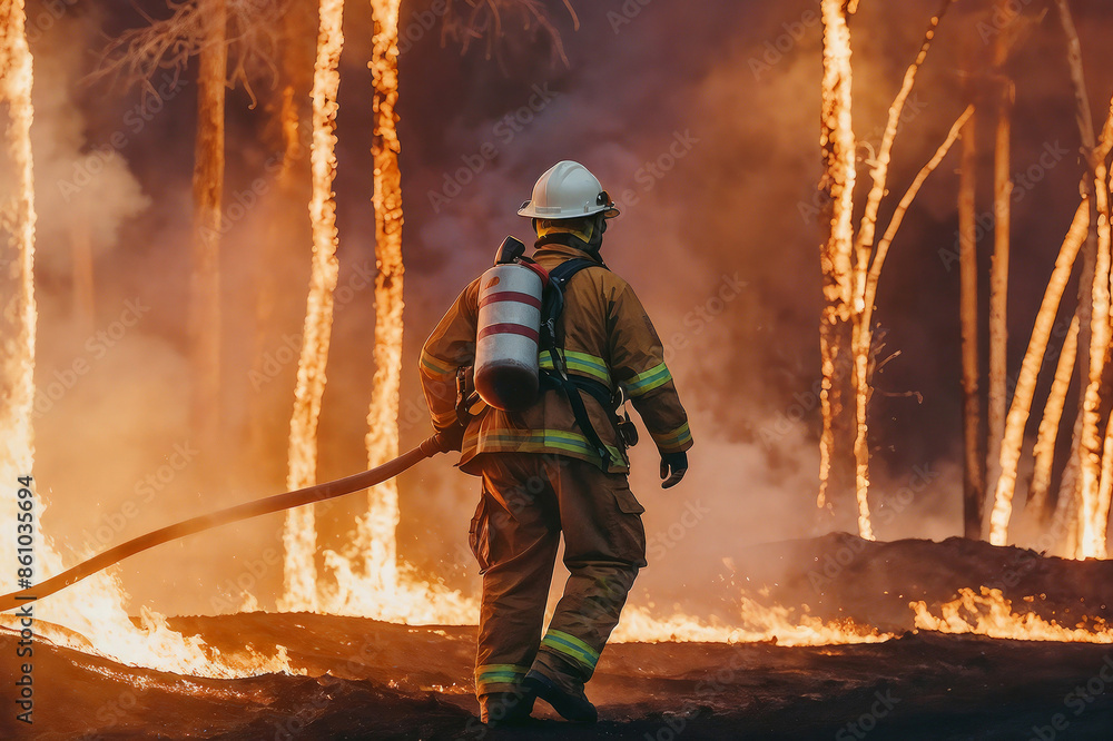 Naklejka premium Fireman in safety uniform and helmet spraying water from fire hose to battle dangerous wildfire. Back view