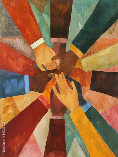 Art Deco Human Rights An Art Deco painting depicting diverse individuals holding hands, symbolizing unity and the fight for human rights