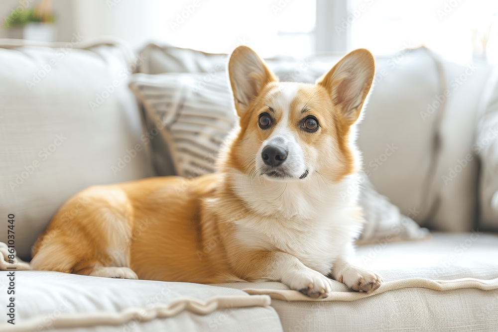 A corgi dog lying on the sofa in an American style living room, with white walls and light gray fabric sofas. The background is blurred, highlighting details of the ears, eyes, nose, paws, tail, soft A corgi dog lying on the sofa in an American style living room, with white walls and light gray fabric sofas. The background is blurred, highlighting details of the ears, eyes, nose, paws, tail, soft