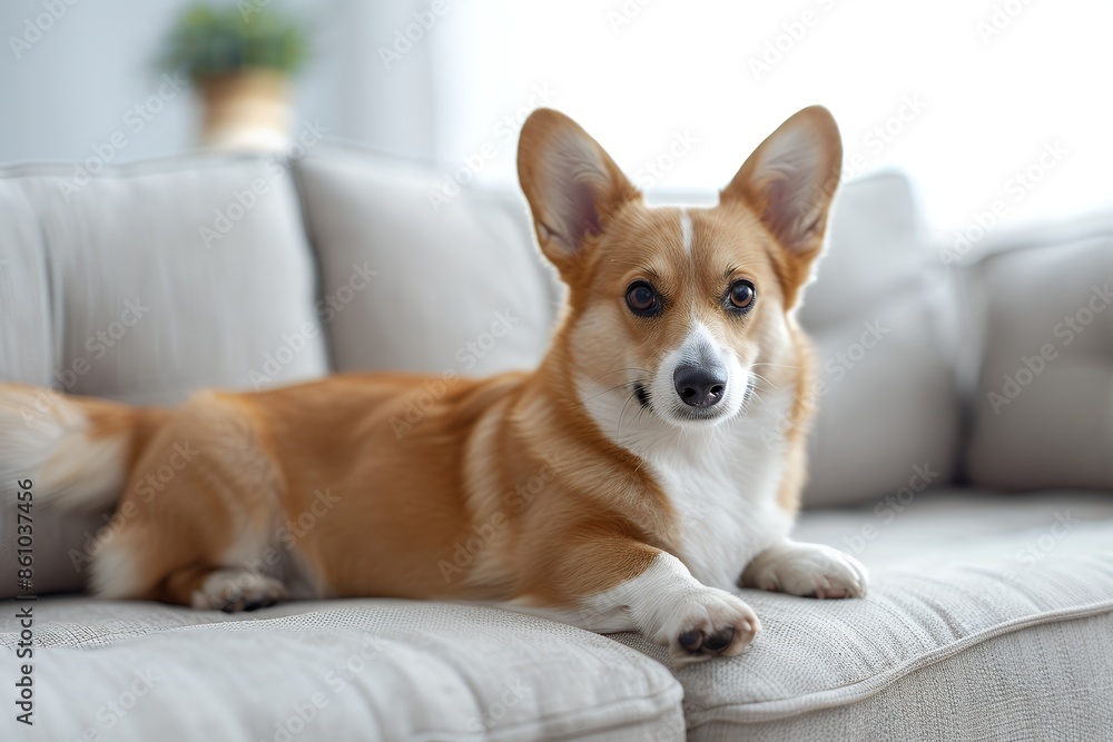 A corgi dog lying on the sofa in an American style living room, with white walls and light gray fabric sofas. The background is blurred, highlighting details of the ears, eyes, nose, paws, tail, soft A corgi dog lying on the sofa in an American style living room, with white walls and light gray fabric sofas. The background is blurred, highlighting details of the ears, eyes, nose, paws, tail, soft