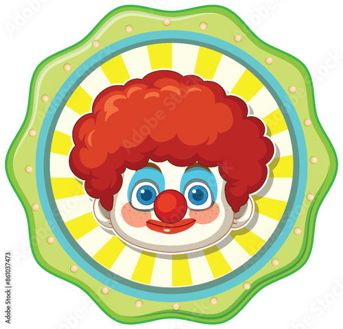 Bright clown face with red hair and nose