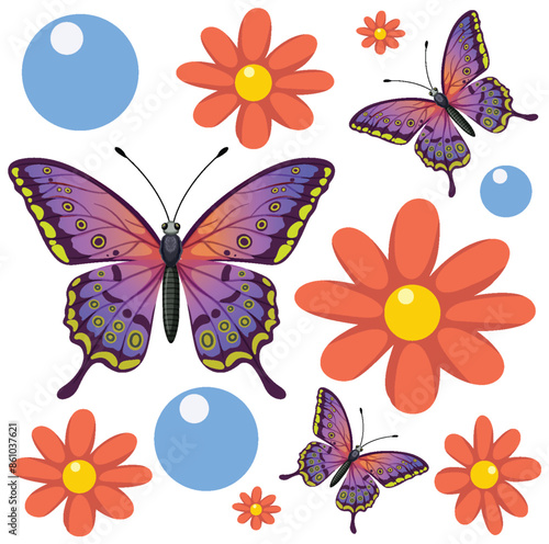 Colorful butterflies and flowers with blue circles