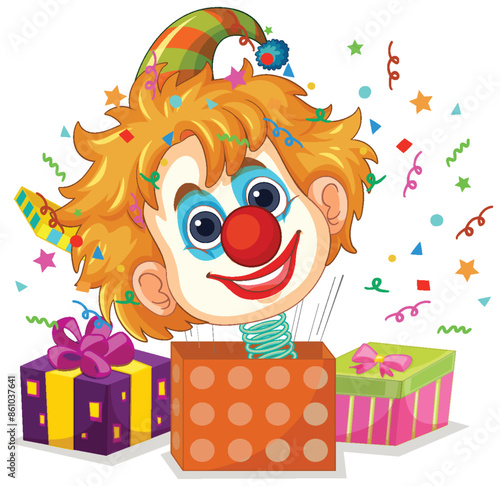 Cheerful clown popping out of a box