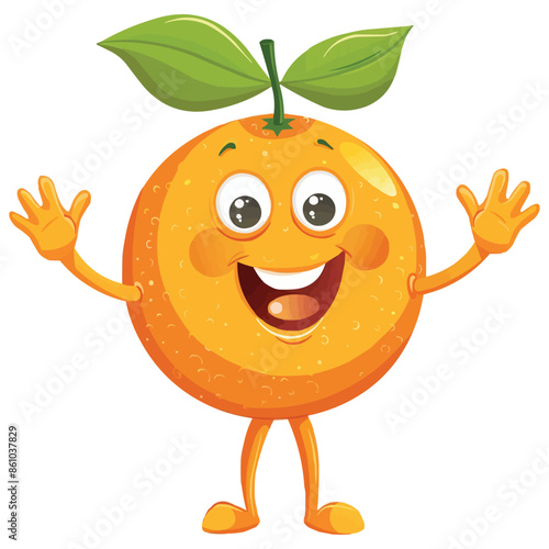 a happy Orange cartoon character with arms and legs on white background.