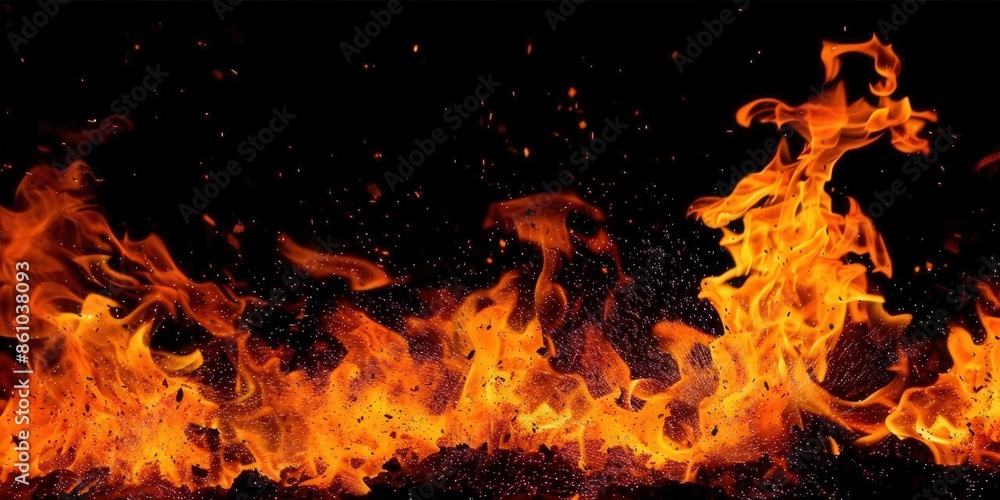 Fiery Dance: Flames and Embers on Black Background Fiery Dance: Flames and Embers on Black Background