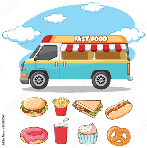 Food truck with various fast food items