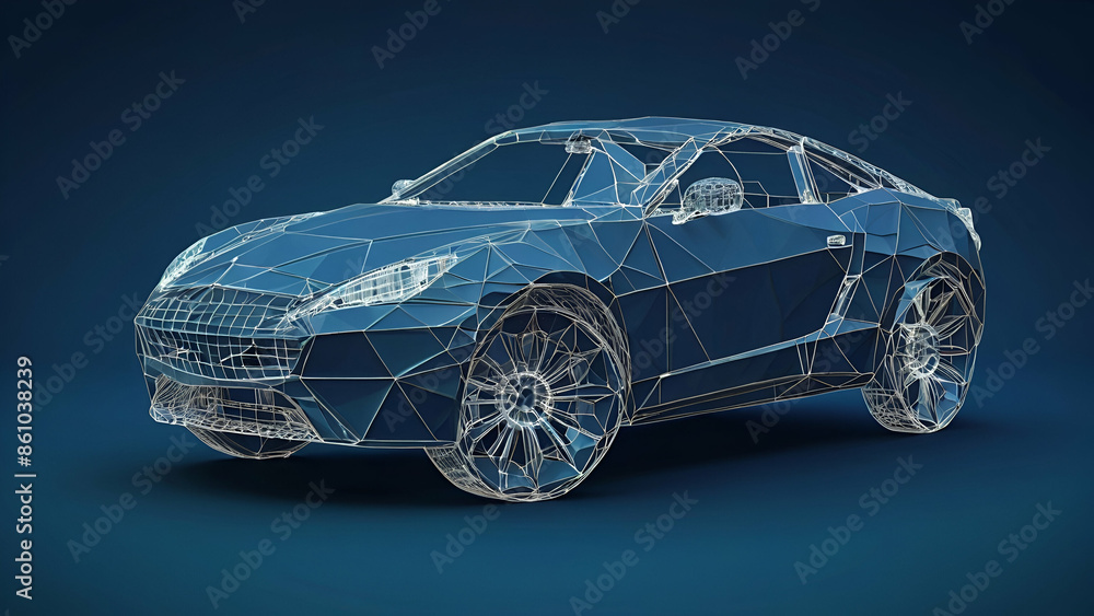 Naklejka premium Abstract Car in Polygons on Technology Blue Background | Low Poly Wireframe Marine Life Concept | 3D Vector Illustration